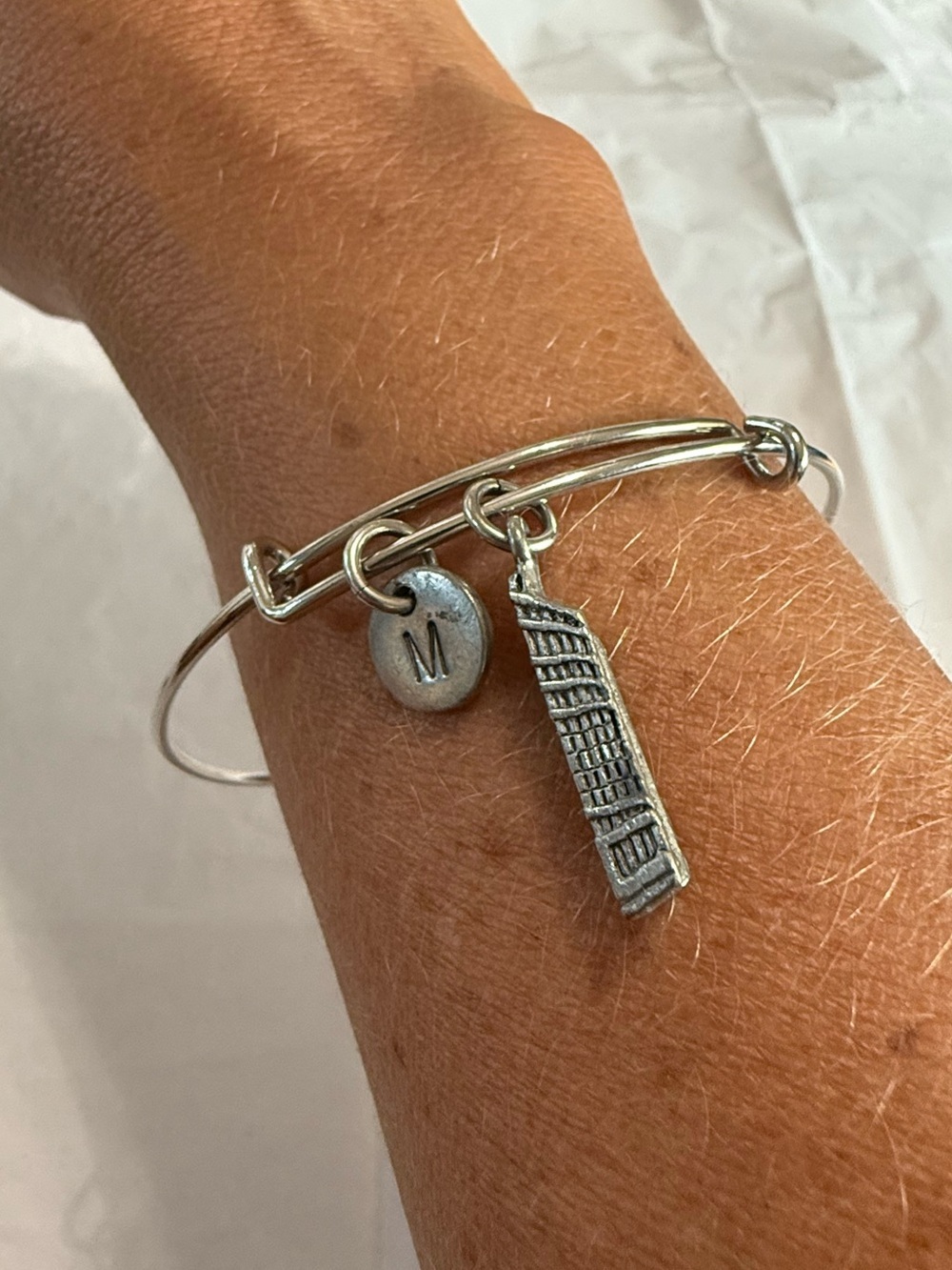 Silver Tone Charm Bangle Bracelet with M Initial and Flatiron Building Charm